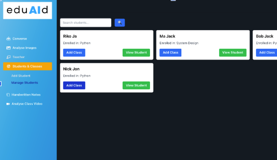 Original eduAId instructor interface with student and classroom management